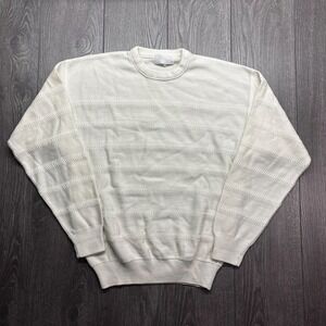 Vintage Ivory 1980s Knit Sweater Geometric Medium White Striped Functionals